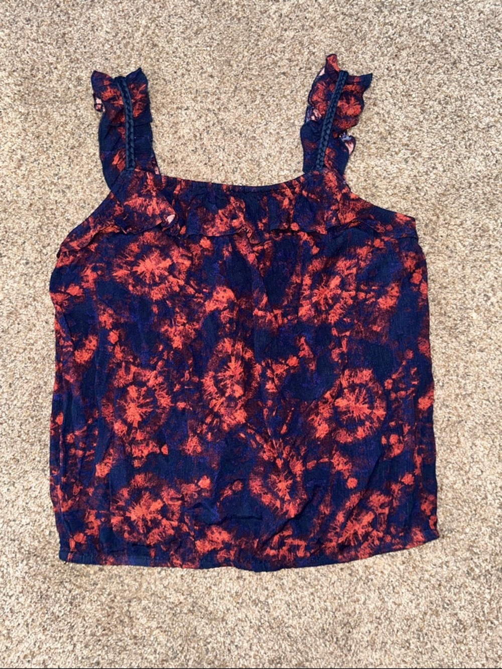 Maurices Navy and Orange Tie-Dye Ruffle Strap Camisole Top